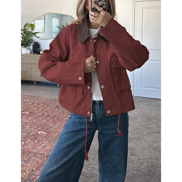 Women's Red Cropped Contrast Collar Utility Coat Cargo Jacket Imported - Picture 3 of 6